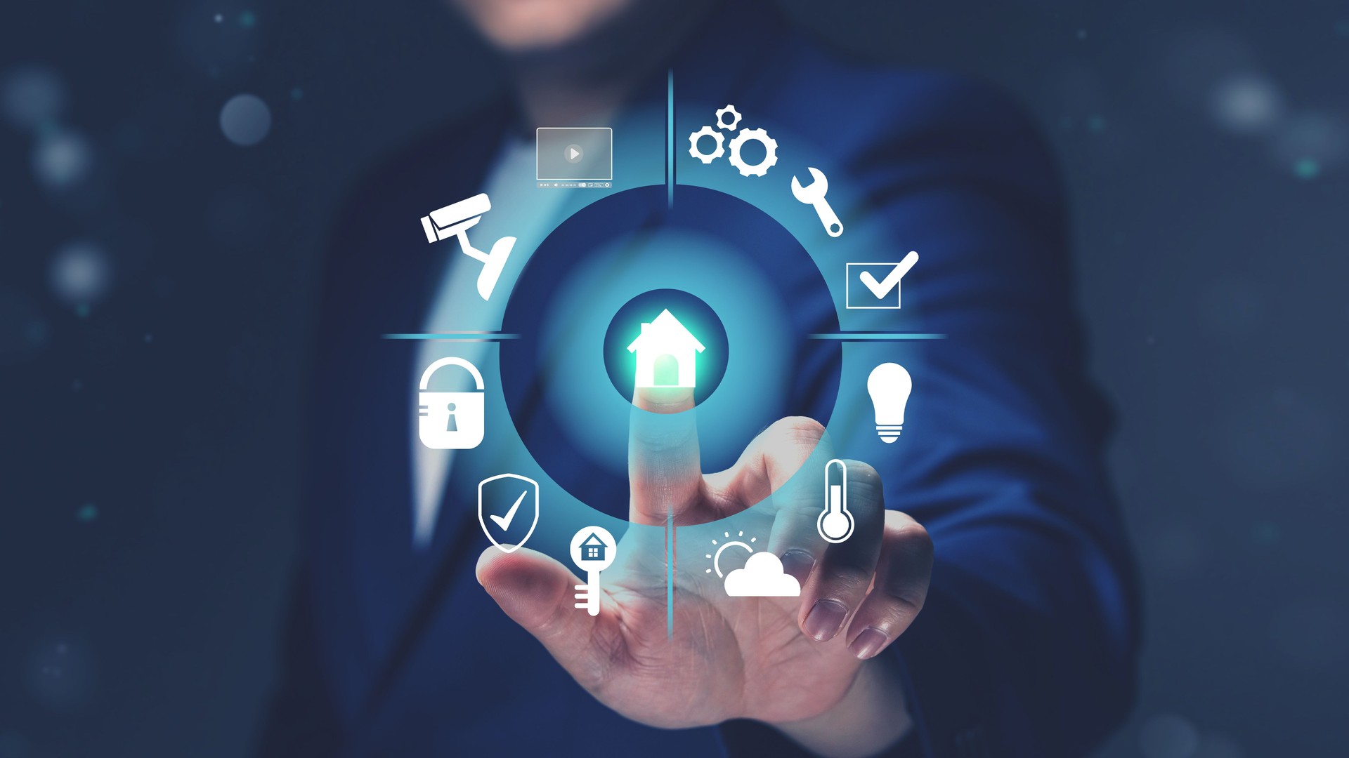 Smart home concept with automation control. Network technology innovation of home security systems