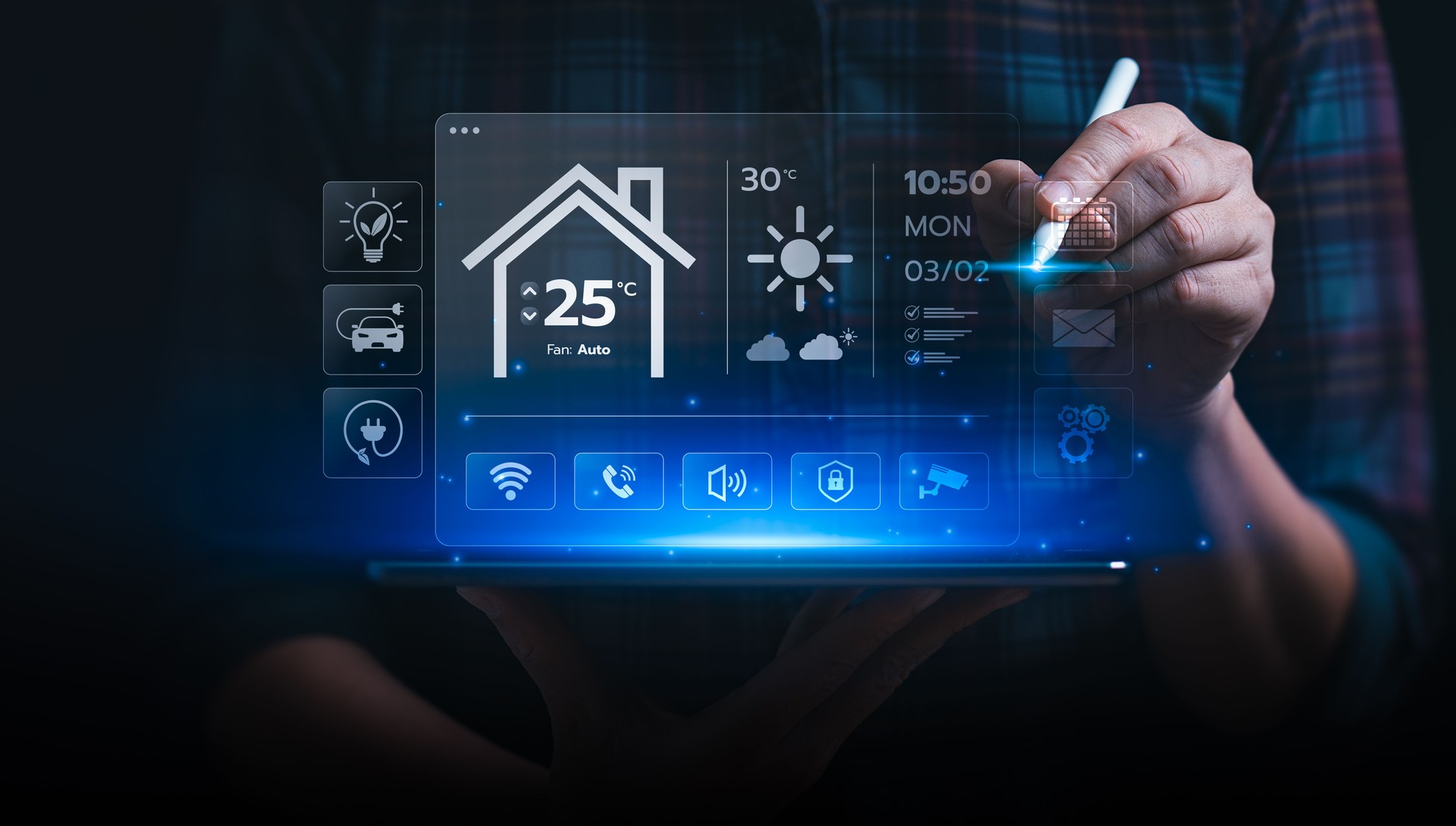 Businessman Using Smart Home Interface on Transparent Screen to Control Temperature, Lighting, and Smart Devices with Innovative Home Automation Technology for Comfort and Energy Efficiency